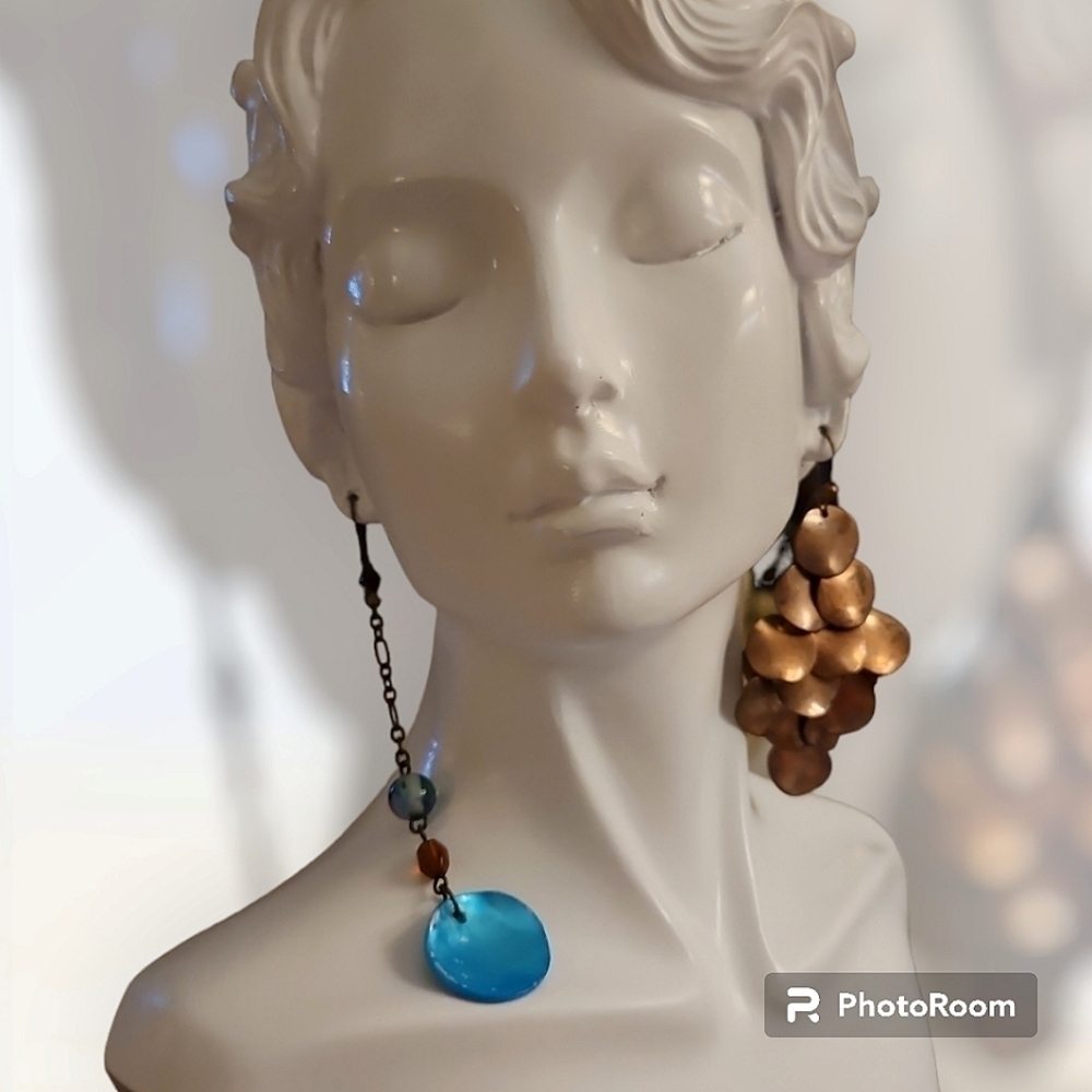 Mismatched Copper Statement Cascade Chainmaille Shell Dangle Whimsy Earrings